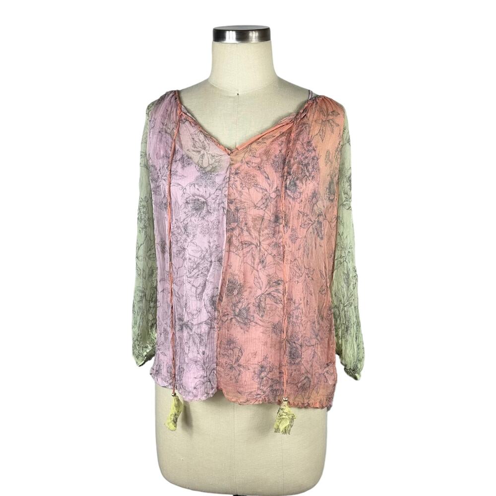 JOHNNY WAS Serena Peasant Silk Blouse Pastel Colorful Floral Pattern Sheer Boho